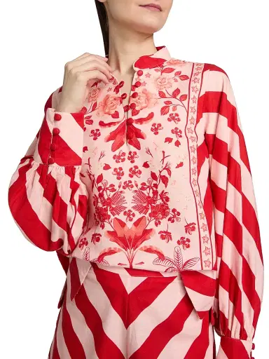 VERANDAH Women's Pushpanjali Printed Linen-Cotton Tunic Blouse - Blush And Red Palm Mono Panel - Size Large | Thumbnail 6