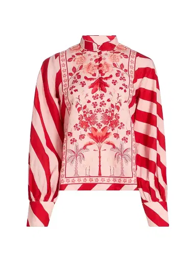 VERANDAH Women's Pushpanjali Printed Linen-Cotton Tunic Blouse - Blush And Red Palm Mono Panel - Size Large | Thumbnail 1