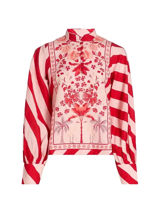Verandah Women's Pushpanjali Printed Linen-Cotton Tunic Blouse - Blush And Red Palm Mono Panel