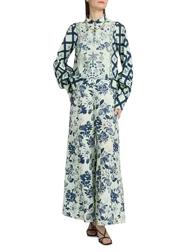 VERANDAH Women's Pushpanjali Floral Linen-Cotton Flare Pants - Ivory And Navy Multi Motif - Size Large | Thumbnail 2