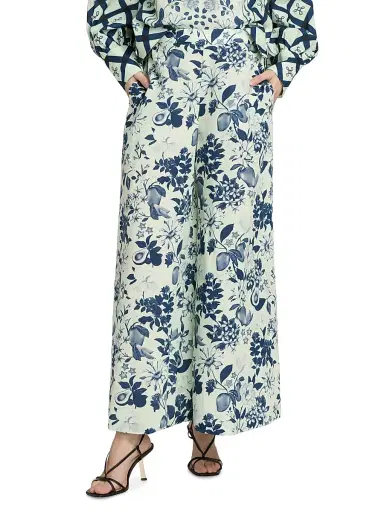 VERANDAH Women's Pushpanjali Floral Linen-Cotton Flare Pants - Ivory And Navy Multi Motif - Size Large | Thumbnail 3