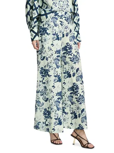 VERANDAH Women's Pushpanjali Floral Linen-Cotton Flare Pants - Ivory And Navy Multi Motif - Size Large | Thumbnail 4