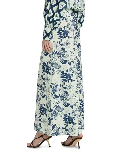 VERANDAH Women's Pushpanjali Floral Linen-Cotton Flare Pants - Ivory And Navy Multi Motif - Size Large | Thumbnail 5