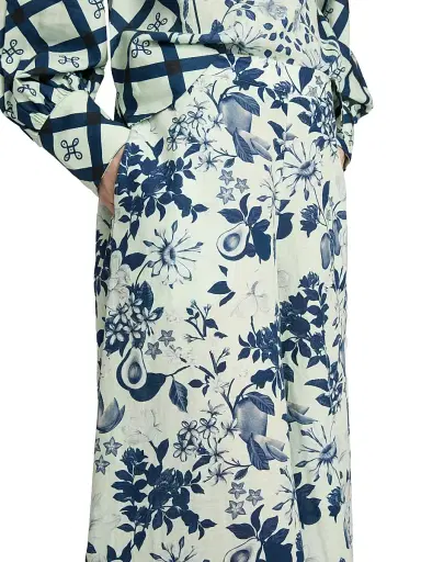 VERANDAH Women's Pushpanjali Floral Linen-Cotton Flare Pants - Ivory And Navy Multi Motif - Size Large | Thumbnail 6