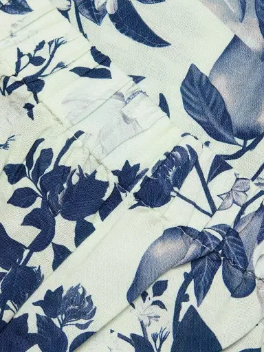VERANDAH Women's Pushpanjali Floral Linen-Cotton Flare Pants - Ivory And Navy Multi Motif - Size Large | Thumbnail 7