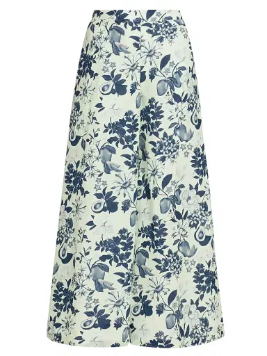 VERANDAH Women's Pushpanjali Floral Linen-Cotton Flare Pants - Ivory And Navy Multi Motif - Size Large | Thumbnail 1