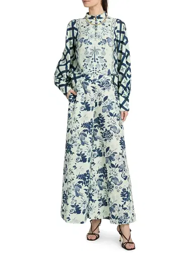 VERANDAH Women's Pushpanjali Printed Linen-Cotton Tunic Blouse - Ivory Navy Mult Imotif Panel - Size Small | Thumbnail 2