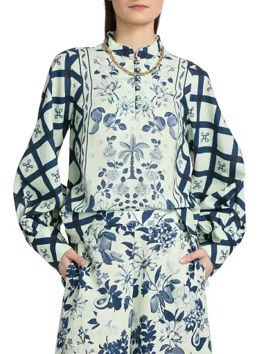 VERANDAH Women's Pushpanjali Printed Linen-Cotton Tunic Blouse - Ivory Navy Mult Imotif Panel - Size Small | Thumbnail 3