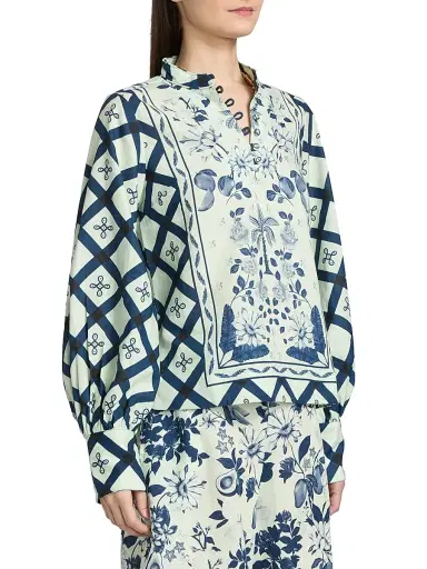 VERANDAH Women's Pushpanjali Printed Linen-Cotton Tunic Blouse - Ivory Navy Mult Imotif Panel - Size Small | Thumbnail 4