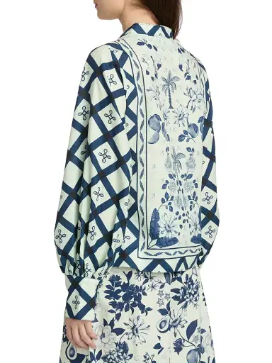 VERANDAH Women's Pushpanjali Printed Linen-Cotton Tunic Blouse - Ivory Navy Mult Imotif Panel - Size Small | Thumbnail 5