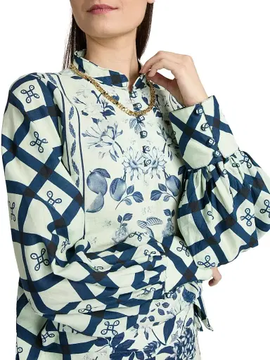 VERANDAH Women's Pushpanjali Printed Linen-Cotton Tunic Blouse - Ivory Navy Mult Imotif Panel - Size Small | Thumbnail 6