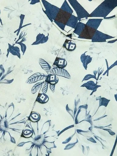 VERANDAH Women's Pushpanjali Printed Linen-Cotton Tunic Blouse - Ivory Navy Mult Imotif Panel - Size Small | Thumbnail 7