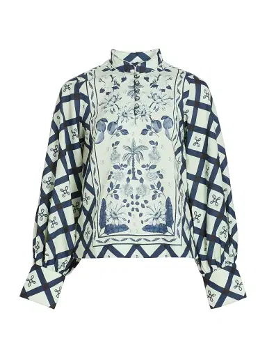 VERANDAH Women's Pushpanjali Printed Linen-Cotton Tunic Blouse - Ivory Navy Mult Imotif Panel - Size Small | Thumbnail 1