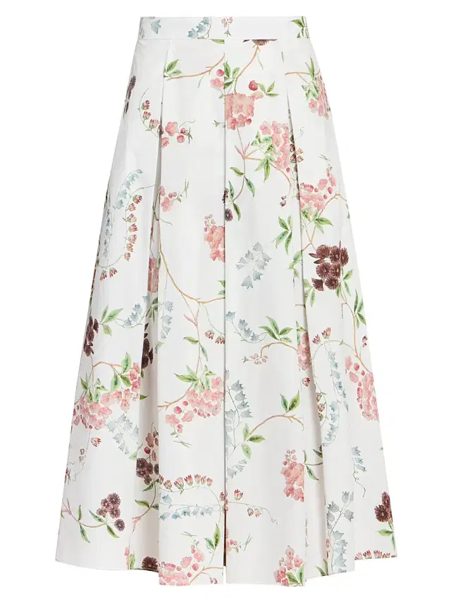 Women's Floral Cotton Pleated Midi-Skirt - French Chintz Multi White