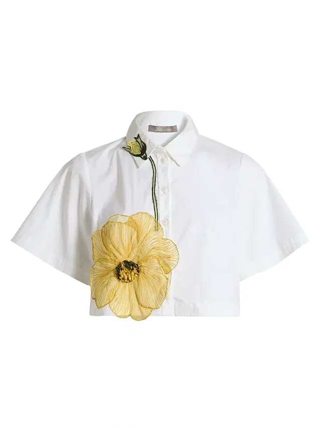 Women's Peony Embroidered Poplin Crop Shirt - White Yellow