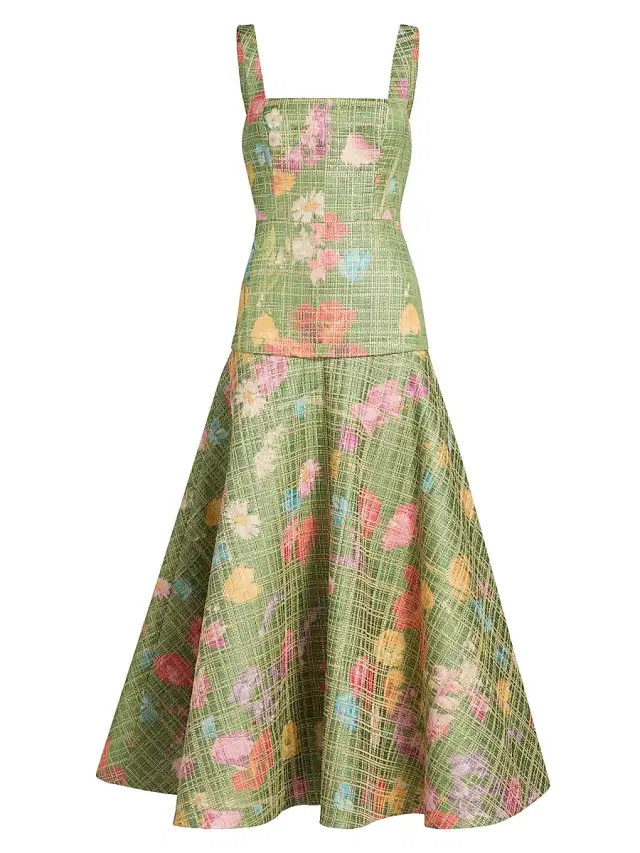 Lela Rose Women's Floral Raffia Drop Waist Midi-Dress - Cactus