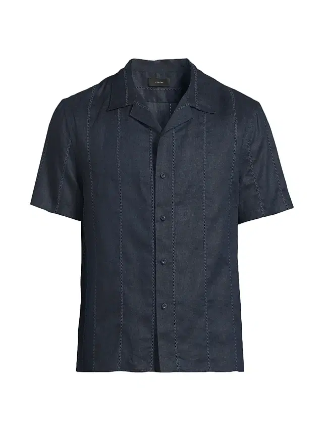 Vince Men's Eyelet Striped Linen Shirt - Coastal