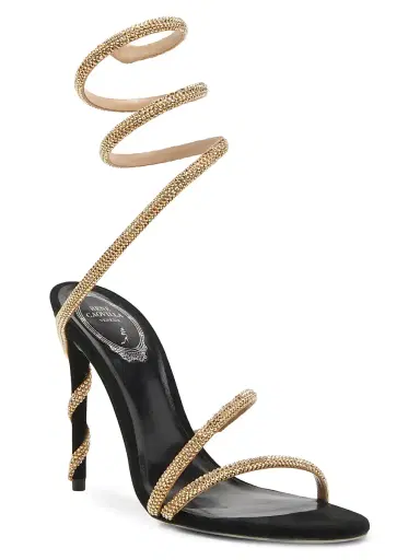 René Caovilla Women's Cleo Margot 105MM Satin Wrap Sandals - Gold Satin Black Suede | Thumbnail 1 René Caovilla Women's Cleo Margot 105MM Satin Wrap Sandals - Gold Satin Black Suede | Thumbnail 1
