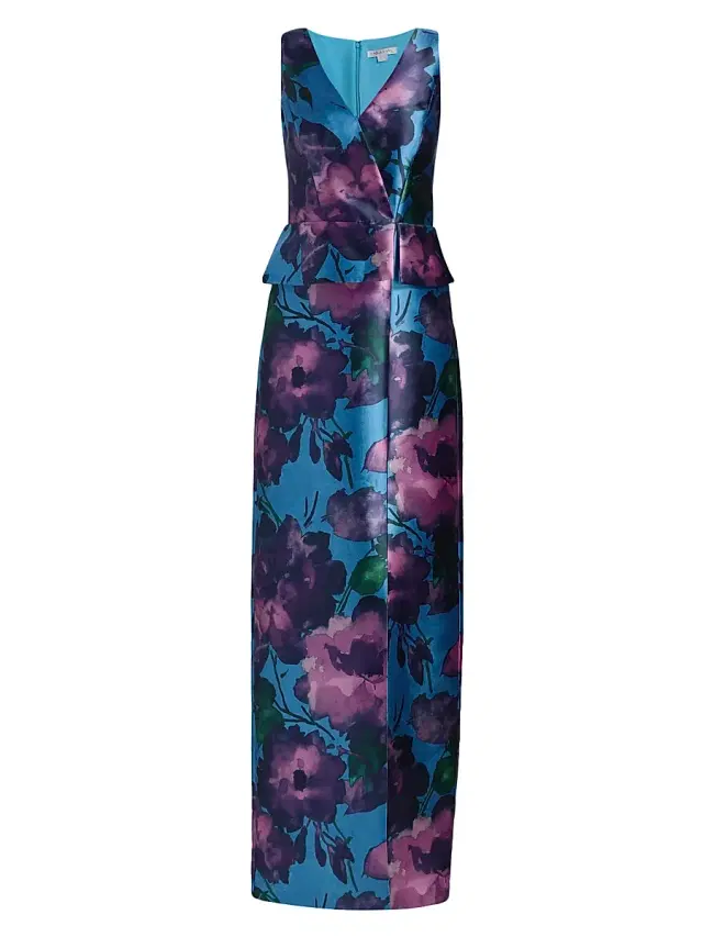 Kay Unger Women's Celeste Floral Mikado Column Gown - Spring Aqua Multi