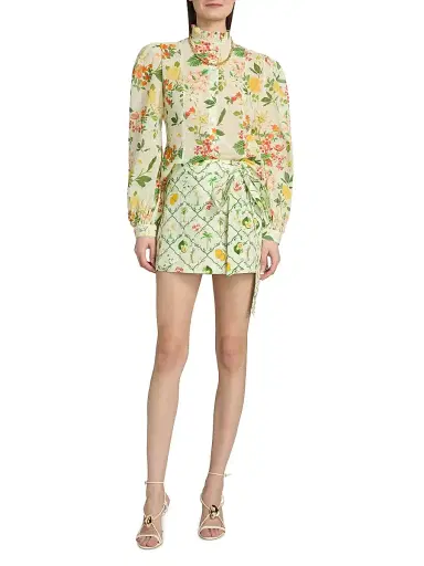 VERANDAH Women's Pushpanjali Botanical Cotton Wrap Miniskirt - Ivory Multi Checks - Size Large | Thumbnail 2