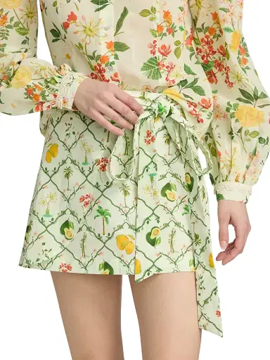 VERANDAH Women's Pushpanjali Botanical Cotton Wrap Miniskirt - Ivory Multi Checks - Size Large | Thumbnail 3