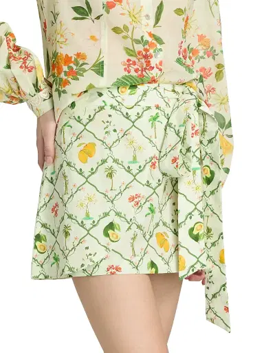 VERANDAH Women's Pushpanjali Botanical Cotton Wrap Miniskirt - Ivory Multi Checks - Size Large | Thumbnail 4