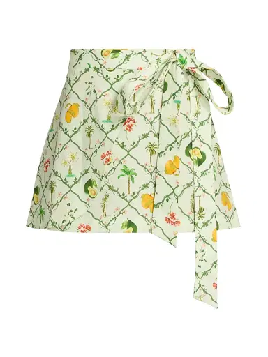 VERANDAH Women's Pushpanjali Botanical Cotton Wrap Miniskirt - Ivory Multi Checks - Size Large | Thumbnail 1