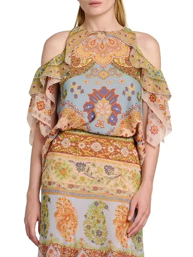 Etro Women's Floral Ruffle Cold-Shoulder Blouse - Printed Azure Base | Thumbnail 3