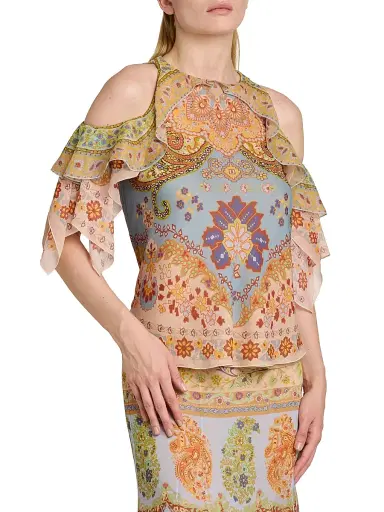 Etro Women's Floral Ruffle Cold-Shoulder Blouse - Printed Azure Base | Thumbnail 4