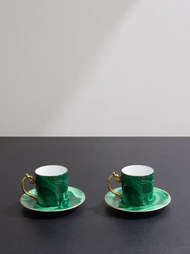 L'Objet Malachite Set of Two Gold-Plated Porcelain Espresso Cups and Saucers - Men