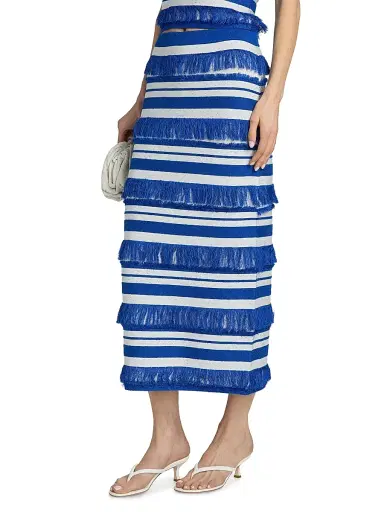 Simkhai Women's Lula Striped Knit Fringe Midi-Skirt - Royal Blue Stripe - Size XS | Thumbnail 4