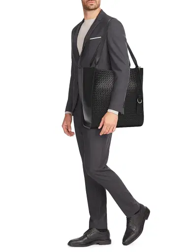 Bottega Veneta Men's Corriere Intrecciato Leather Tote Bag - Black Silver | Thumbnail 2 Bottega Veneta Men's Corriere Intrecciato Leather Tote Bag - Black Silver | Thumbnail 2
