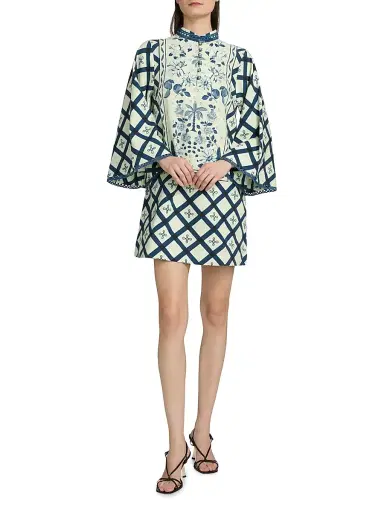 VERANDAH Women's Pushpanjali Printed Caftan Minidress - Ivory And Navy Multi Panel - Size Small | Thumbnail 2 VERANDAH Women's Pushpanjali Printed Caftan Minidress - Ivory And Navy Multi Panel - Size Small | Thumbnail 2