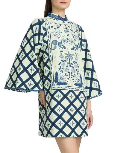 VERANDAH Women's Pushpanjali Printed Caftan Minidress - Ivory And Navy Multi Panel - Size Small | Thumbnail 4 VERANDAH Women's Pushpanjali Printed Caftan Minidress - Ivory And Navy Multi Panel - Size Small | Thumbnail 4