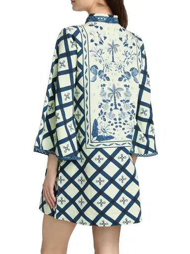 VERANDAH Women's Pushpanjali Printed Caftan Minidress - Ivory And Navy Multi Panel - Size Small | Thumbnail 5 VERANDAH Women's Pushpanjali Printed Caftan Minidress - Ivory And Navy Multi Panel - Size Small | Thumbnail 5