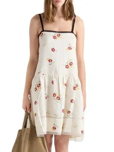 Prada Women's Embroidered Linen Mini-Dress with Floral Motif - Red - Size 6 | Thumbnail 2