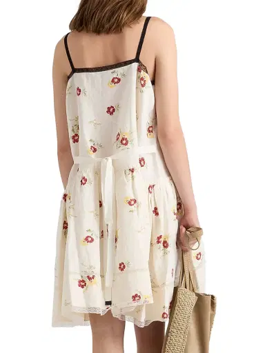 Prada Women's Embroidered Linen Mini-Dress with Floral Motif - Red - Size 6 | Thumbnail 3