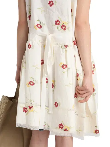 Prada Women's Embroidered Linen Mini-Dress with Floral Motif - Red - Size 6 | Thumbnail 5