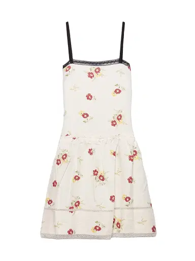 Prada Women's Embroidered Linen Mini-Dress with Floral Motif - Red - Size 6 | Thumbnail 1