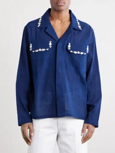 Kartik Research Surya Camp-Collar Embellished Embroidered Cotton Shirt - Men | Thumbnail 3