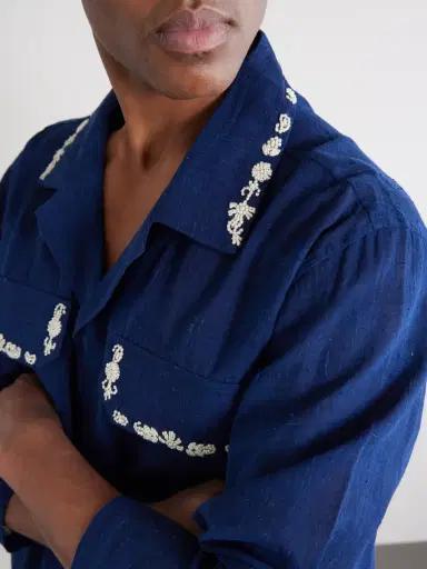 Kartik Research Surya Camp-Collar Embellished Embroidered Cotton Shirt - Men | Thumbnail 5
