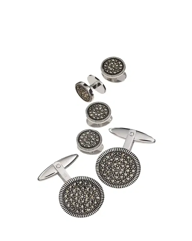 Jan Leslie Round Marcasite Cuff Link and Stud Set
