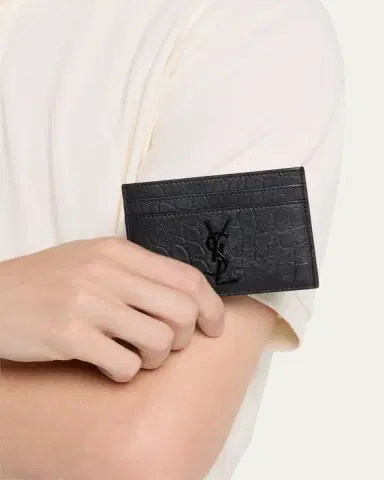 Saint Laurent YSL Monogram Croc-Embossed Leather Card Case, Black | Thumbnail 2