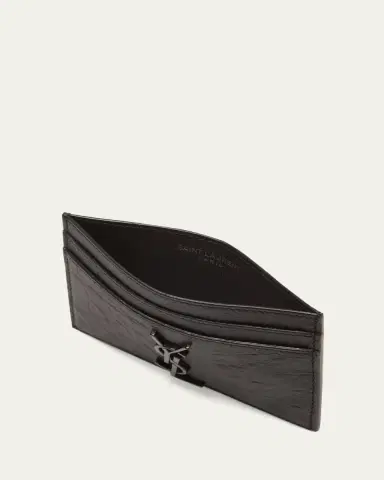 Saint Laurent YSL Monogram Croc-Embossed Leather Card Case, Black | Thumbnail 4