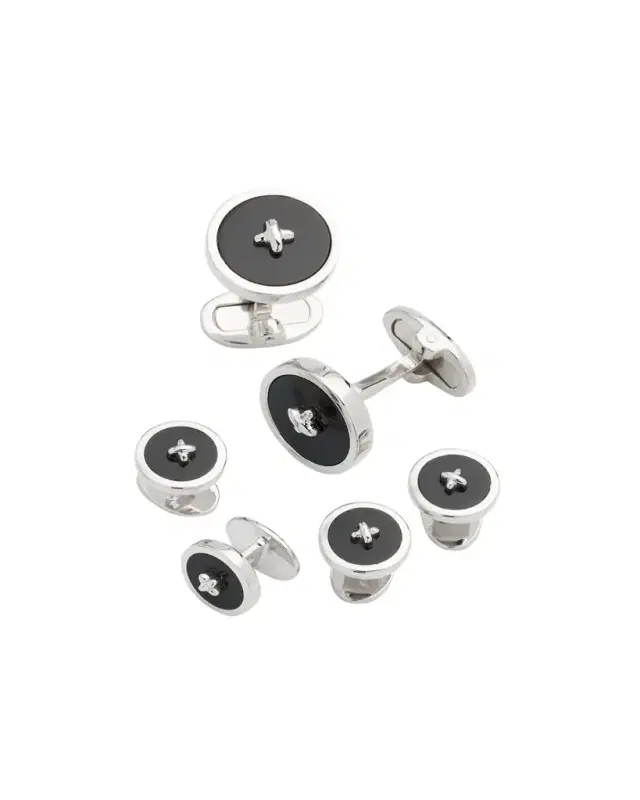 Jan Leslie Classic Button Onyx Cufflinks %26 Studs Set