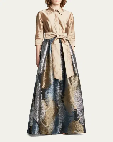 Rickie Freeman for Teri Jon Taffeta Shirtdress w/ Feather Metallic Jacquard | Thumbnail 2 Rickie Freeman for Teri Jon Taffeta Shirtdress w/ Feather Metallic Jacquard | Thumbnail 2