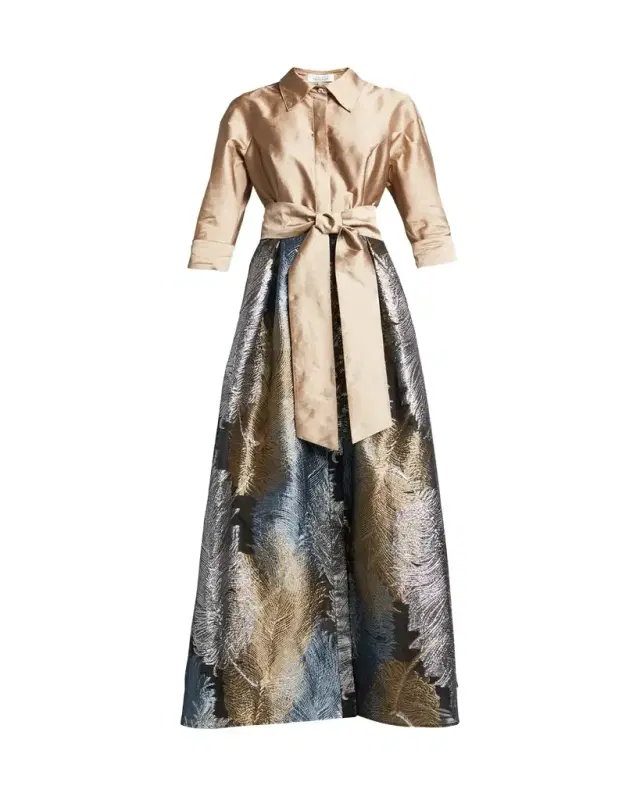Rickie Freeman for Teri Jon Taffeta Shirtdress w/ Feather Metallic Jacquard