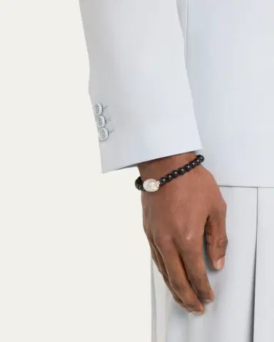 Jan Leslie Men's Black Onyx Beaded Bracelet with Pearl Center | Thumbnail 2