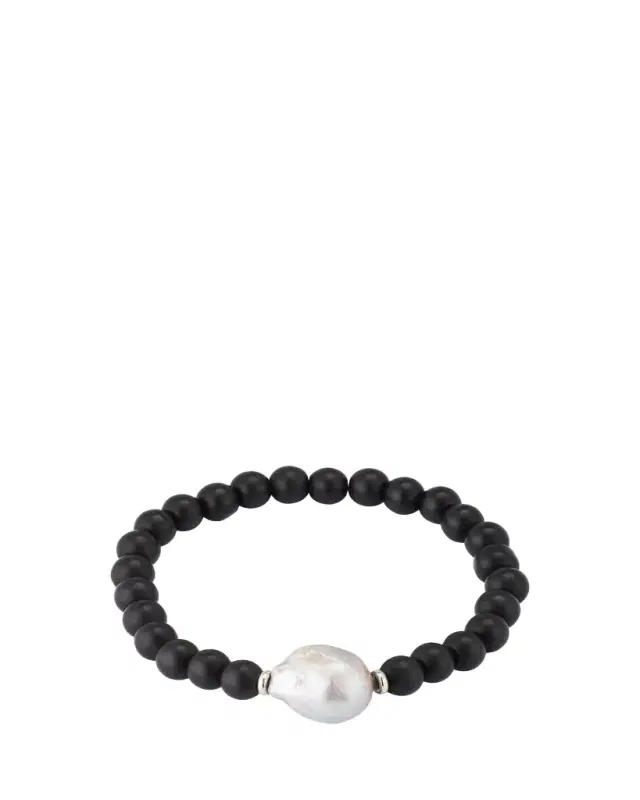 Jan Leslie Men's Black Onyx Beaded Bracelet with Pearl Center