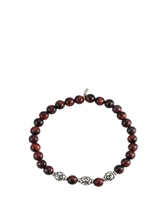 Jan Leslie Men's Red Tiger's Eye Beaded Bracelet with Sterling Silver
